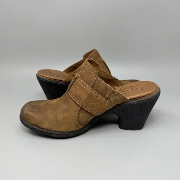 Boc Born Concept Brown Leather Mules Size Slip On Clog Shoes Heels